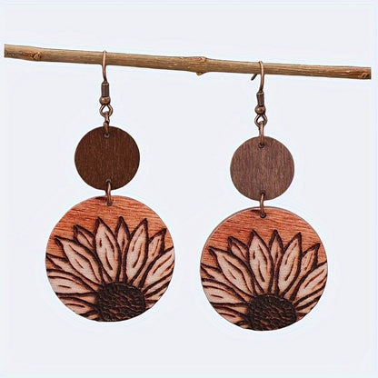 Vintage Style Bohemian Sunflower Wooden Pendant Earrings - Rustic Geometric Design, 3D Printed, Iron Hook, Perfect for Casual Clothing and Gifts, Quirky Earrings