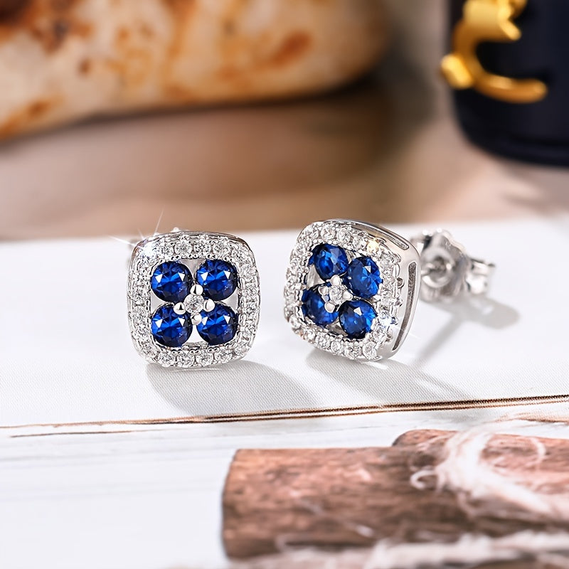 Simple and elegant square stud earrings set with blue synthetic gemstones, engagement banquet, party jewelry, everyday casual accessories for women