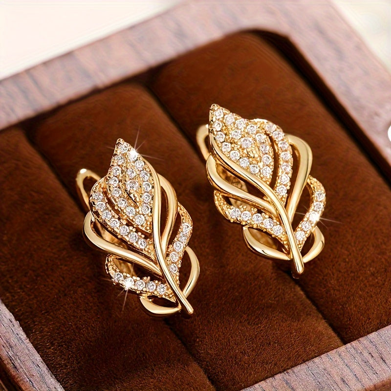 Delicate leaf design ring earrings, copper jewelry, inlaid with shiny Zirconia, elegant and luxurious style, Women's daily party wear