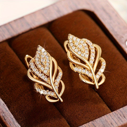 Delicate leaf design ring earrings, copper jewelry, inlaid with shiny Zirconia, elegant and luxurious style, Women's daily party wear