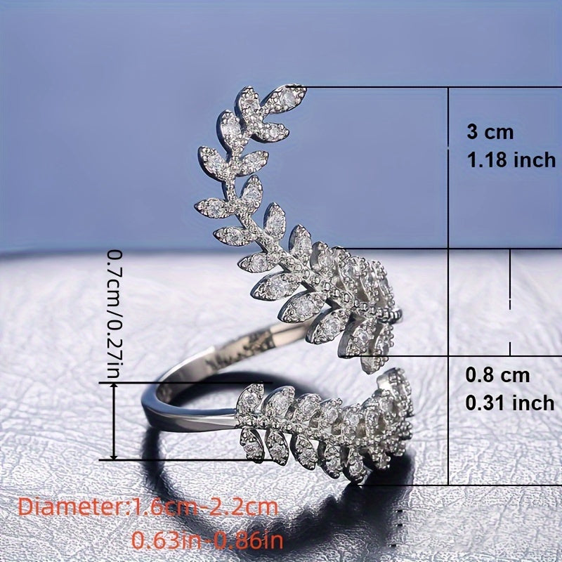 Creative leaf wrap ring, silver plated with sparkling Zirconia, adjustable cuff ring, Women's daily and party clothing matching
