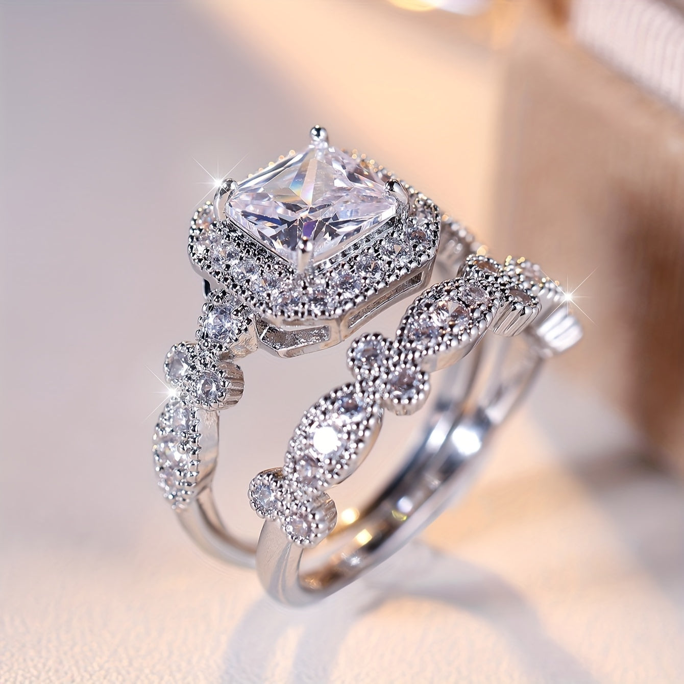 2 elegant promise rings, halo ring + eternity ring, paved with sparkling zircon, engagement wedding ring, suitable for bridal dinner party decoration