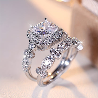 2 elegant promise rings, halo ring + eternity ring, paved with sparkling zircon, engagement wedding ring, suitable for bridal dinner party decoration