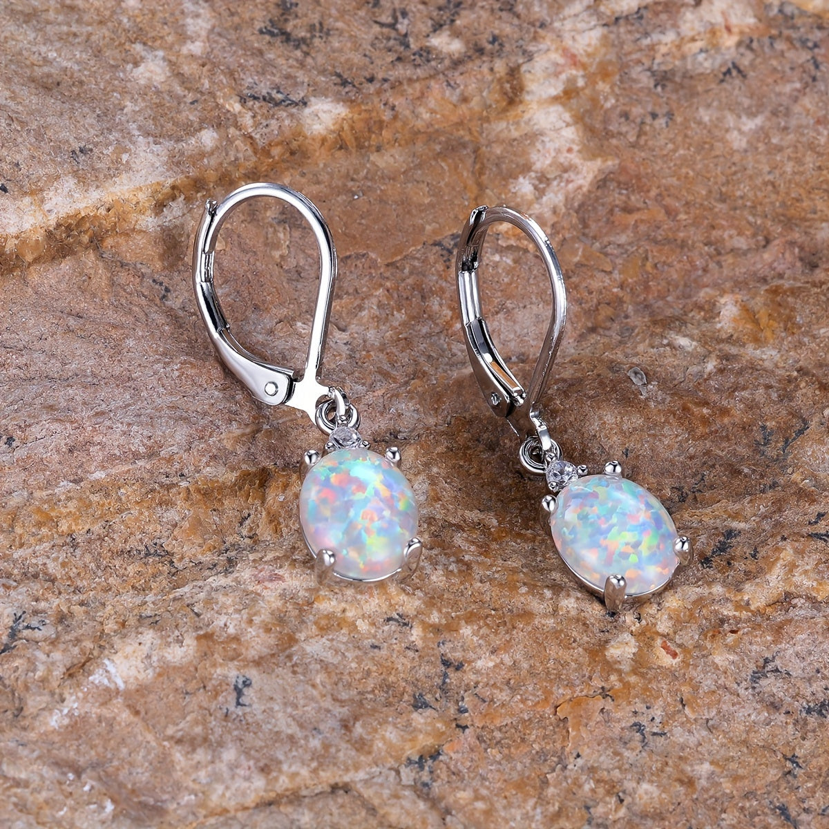 1 Pair of Silver Lever Earrings, White Fire Opal, Bohemian Elegance, Oval Egg Birthstone Pendant Earrings, Charming Ladies Jewelry Gift