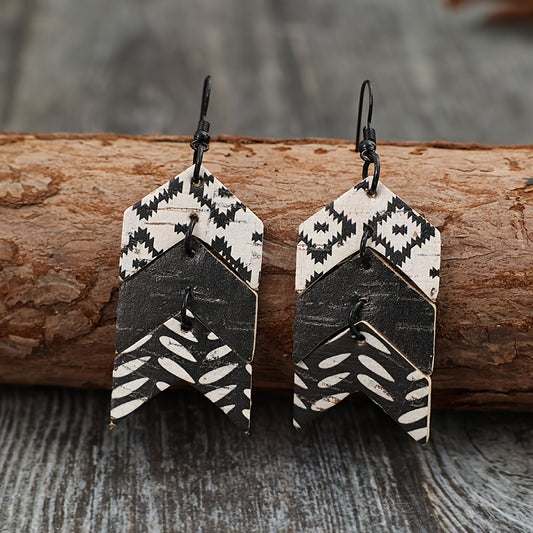 Vintage ethnic geometric earrings: cork crack design, PU leather, iron ear hooks, suitable for daily wear