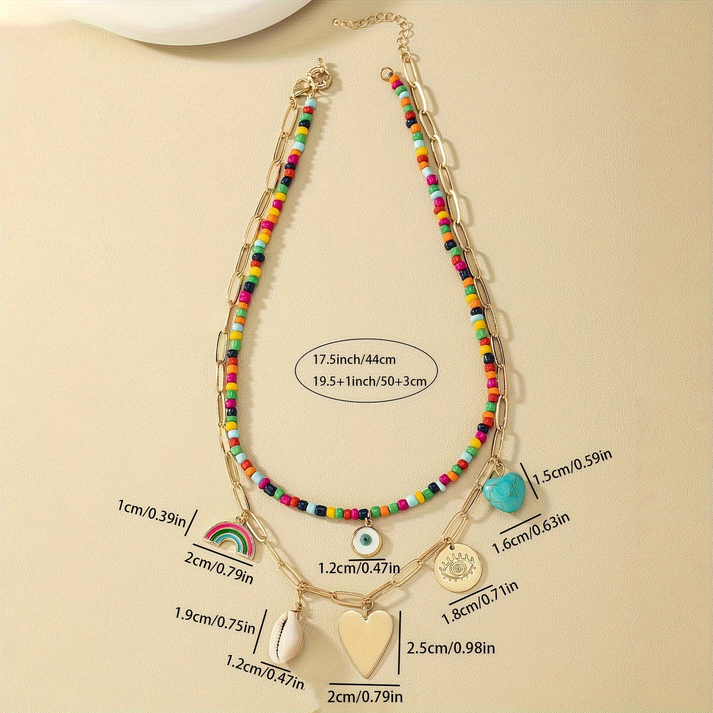 2 pieces vintage bohemian stone, shell, rainbow bead necklace