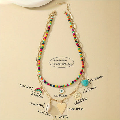 2 pieces vintage bohemian stone, shell, rainbow bead necklace