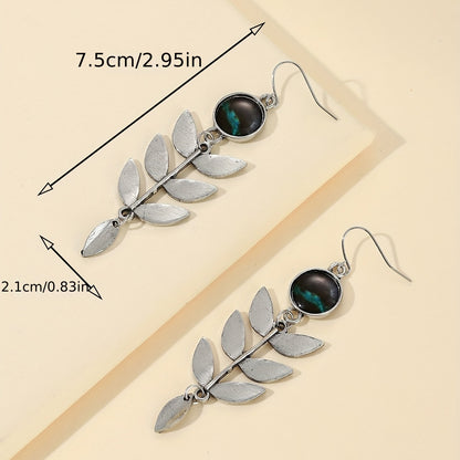 Retro ethnic style creative leaf fringed turquoise design pendant earrings zinc alloy silver plated women's jewelry