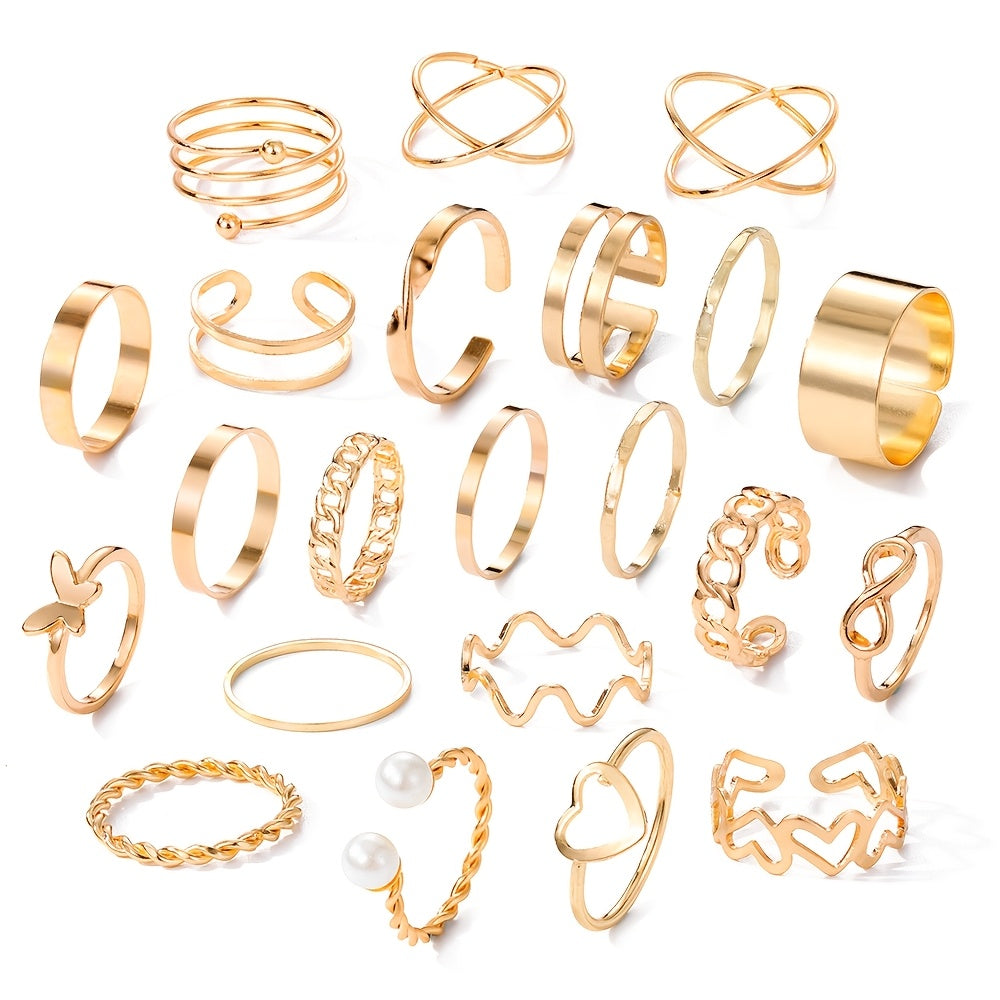 22-piece set of retro multi-functional smooth imitation pearl multi-piece set women's metal stacked ring, suitable for women's daily wear and holiday gifts, fashion accessories can be worn all year round