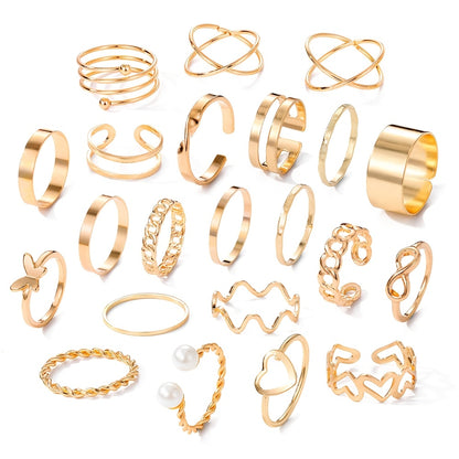 22-piece set of retro multi-functional smooth imitation pearl multi-piece set women's metal stacked ring, suitable for women's daily wear and holiday gifts, fashion accessories can be worn all year round