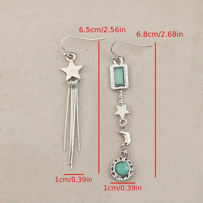 Fashion Asymmetrical Star Moon Tassel Pendant Earrings, Glass Inlay - Ladies Silver Alloy Fashion Jewelry