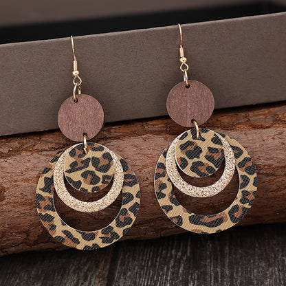 Cross-border new sexy hollow ring leopard print sequined splicing wooden PUPU leather earrings