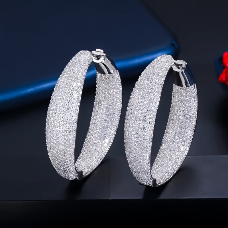 Women's Luxury Glitter Hoop Earrings, Synthetic Zirconia Paving, Large Hoop Earrings, Nickel Plated Copper Free, April Birthstone, Suitable for Wedding and Party Jewelry, Pair
