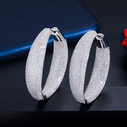 Women's Luxury Glitter Hoop Earrings, Synthetic Zirconia Paving, Large Hoop Earrings, Nickel Plated Copper Free, April Birthstone, Suitable for Wedding and Party Jewelry, Pair