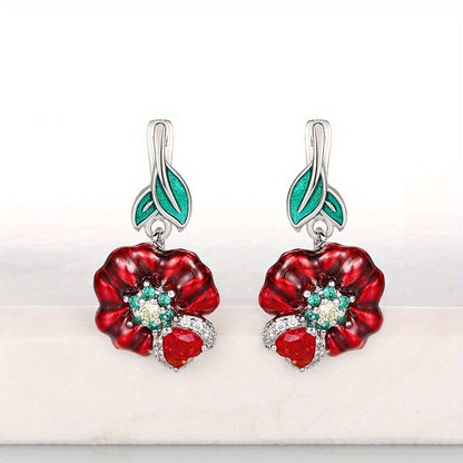 Women's red flower zircon drop earrings, romantic wedding party jewelry