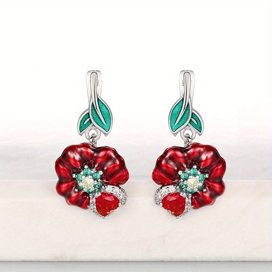 Women's red flower zircon drop earrings, romantic wedding party jewelry