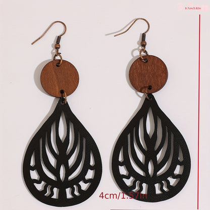 Hollow teardrop-shaped engraved pattern drop earrings retro bohemian style PU leather jewelry fashion women's gift