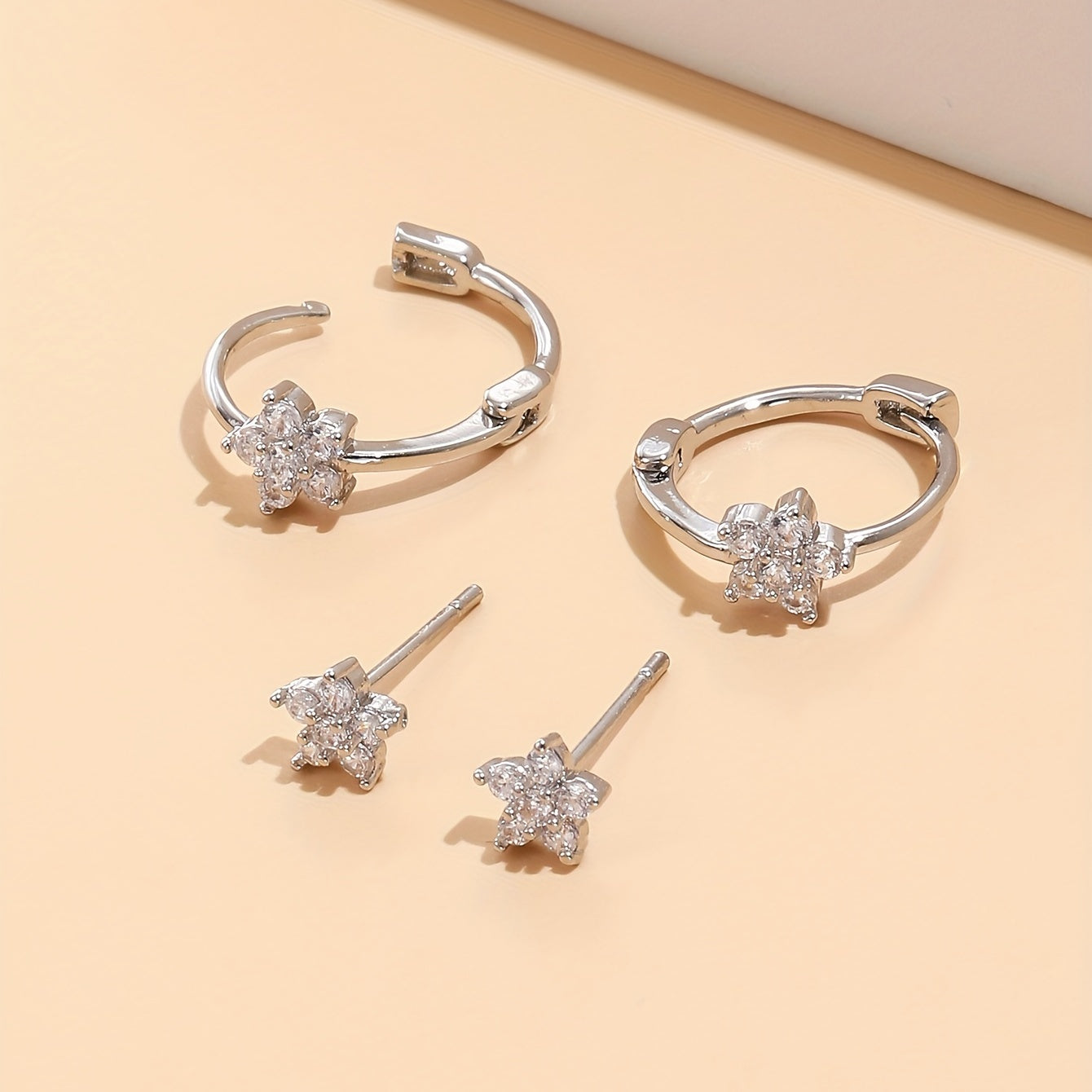 4 elegant, cute and simple flower stud earrings set, copper alloy with artificial diamonds, suitable for daily and party wear, suitable for Valentine's Day gifts, suitable for all seasons
