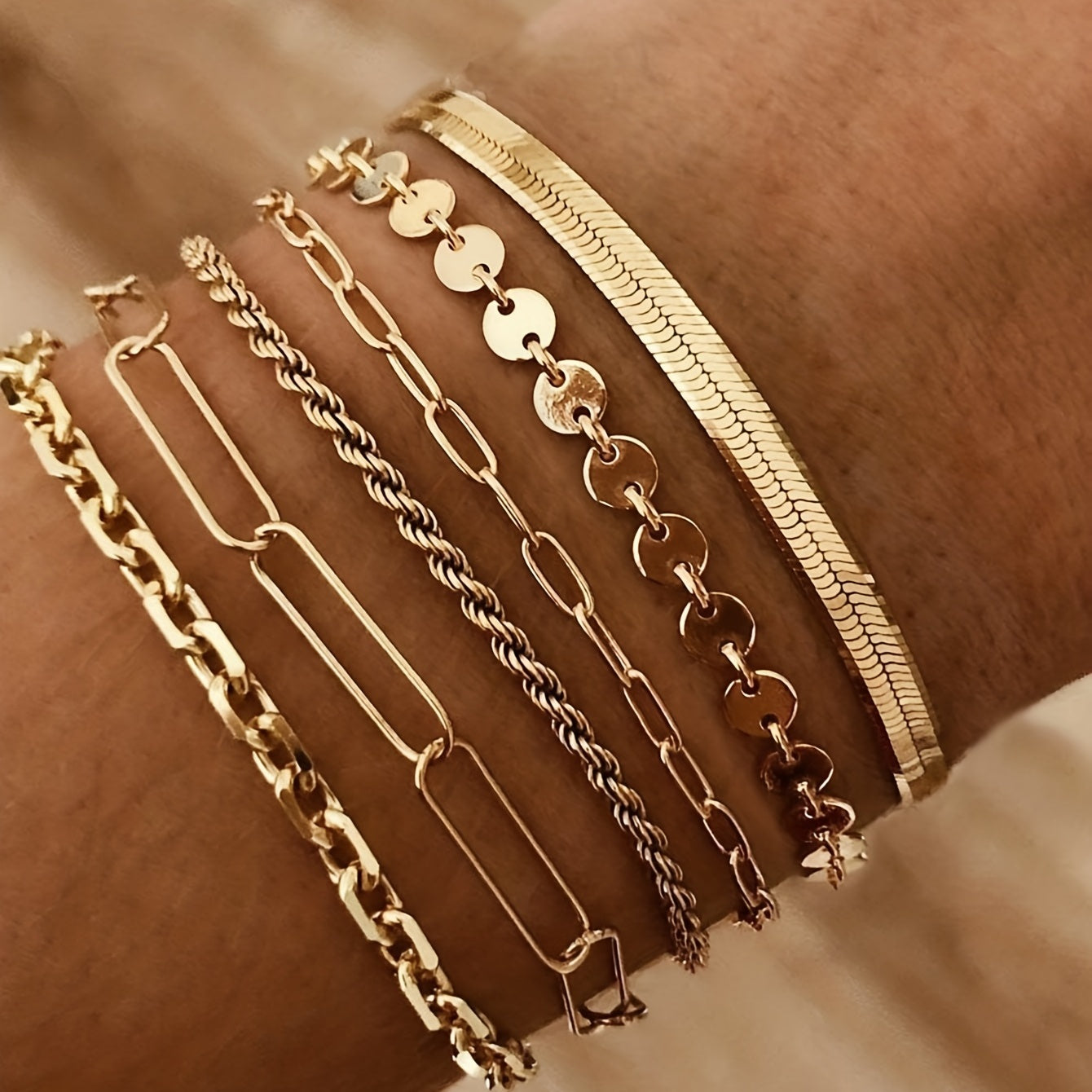 6-piece set, retro multi-layer twisted snake chain bracelet, women's geometric bracelet set, gift.