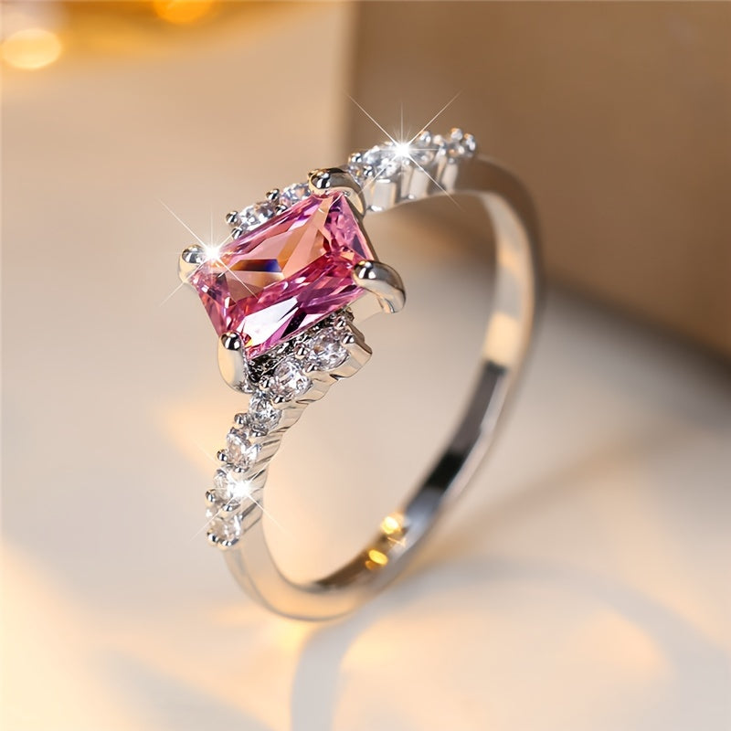 Cute Ladies Pink Square Synthetic Zircon Ring Exquisite Luxury Wedding Jewelry