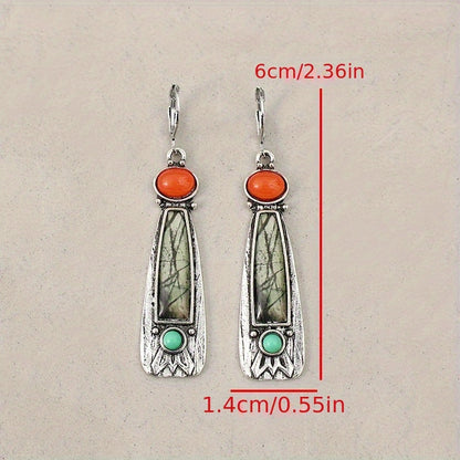 A pair of bohemian tribal-style silver zinc alloy drop earrings with synthetic gemstones and iron ear needles, long drop earrings for everyday wear