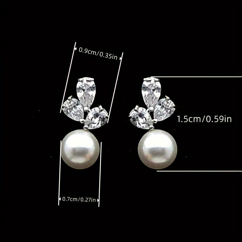 Imitation Pearl Pendant Shiny Zirconia Trim Stud Earrings Vintage Elegant Style Silver Plated Jewelry Wedding Accessories