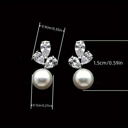 Imitation Pearl Pendant Shiny Zirconia Trim Stud Earrings Vintage Elegant Style Silver Plated Jewelry Wedding Accessories