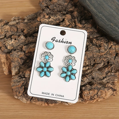 Three pairs of Western retro turquoise stud earrings silver plated earrings jewelry