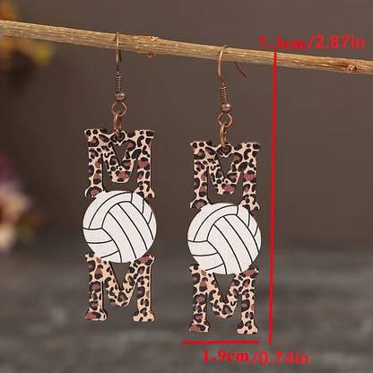 1 pair of Bohemian style elegant wooden MOM letter hanging earrings, leopard print and sports ball design, iron pillar, perfect for daily wear and Mother's Day celebration, four seasons accessories, quirky earrings