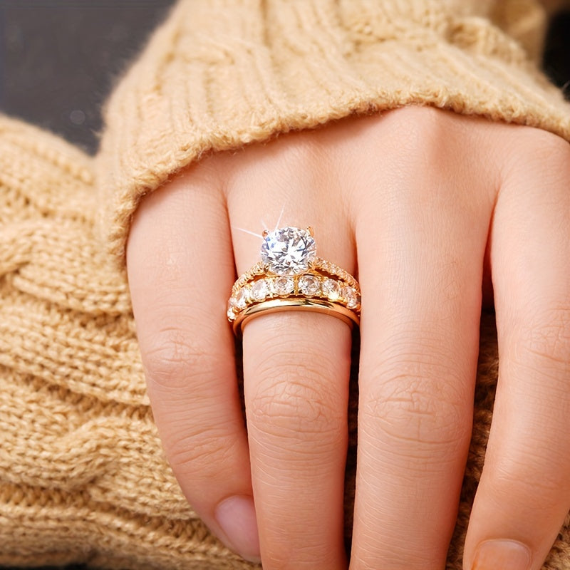 Luxurious and elegant three-piece zircon bridal ring set for women - four-claw inlay, copper-bottomed jewelry, festival, wedding and gift preparation, perfect for carnival celebrations