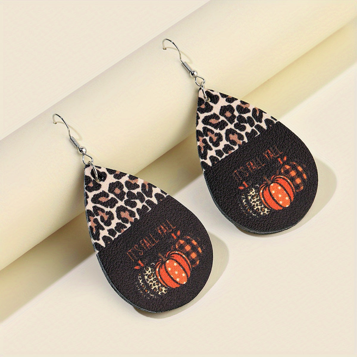 Vintage Style Halloween Pumpkin and Leopard Drop Earrings - Lightweight PU Leather, Perfect for Party and Holiday Occasions, Holiday Jewelry | Playful Designs | Iron Ear Hooks