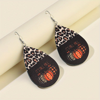 Vintage Style Halloween Pumpkin and Leopard Drop Earrings - Lightweight PU Leather, Perfect for Party and Holiday Occasions, Holiday Jewelry | Playful Designs | Iron Ear Hooks