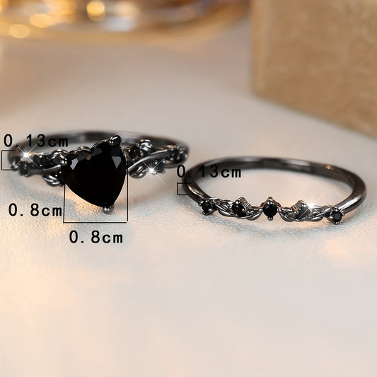 2-Piece Vintage Heart Cut Blackstone Ring - Synthetic Zirconia Copper, Non-Plated, Combined Love Ring for Valentine's Day Gifts