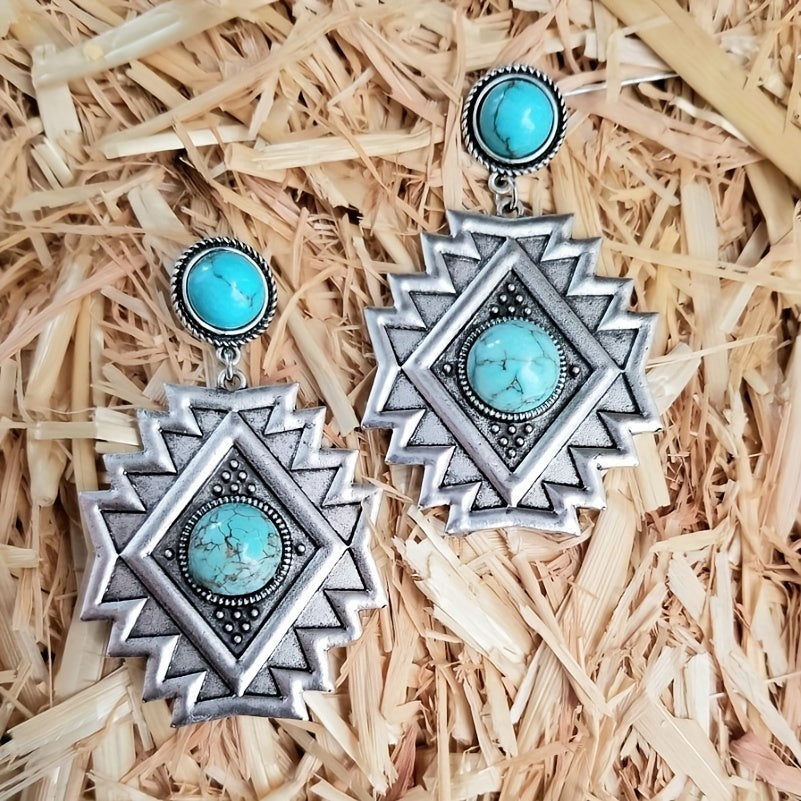Retro engraved geometric shape with round turquoise inlaid pendant earrings, retro ethnic style alloy jewelry, exquisite Women's gift