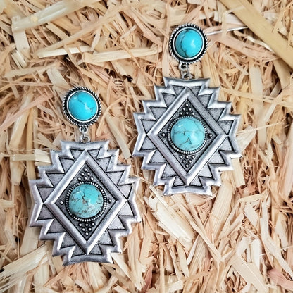 Retro engraved geometric shape with round turquoise inlaid pendant earrings, retro ethnic style alloy jewelry, exquisite Women's gift