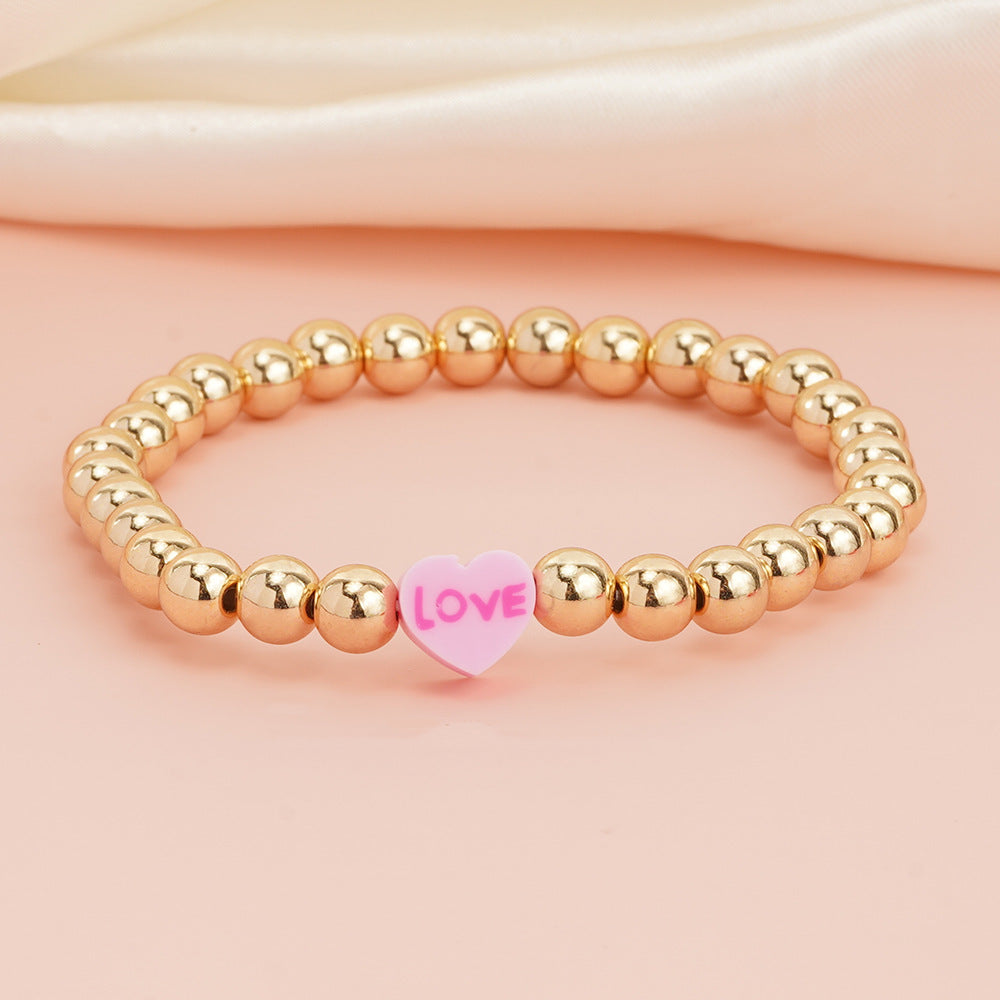 5-Piece Valentine's Day Soft Clay Bracelet with Love Pink Heart Letters and Beads for Holiday Gifts