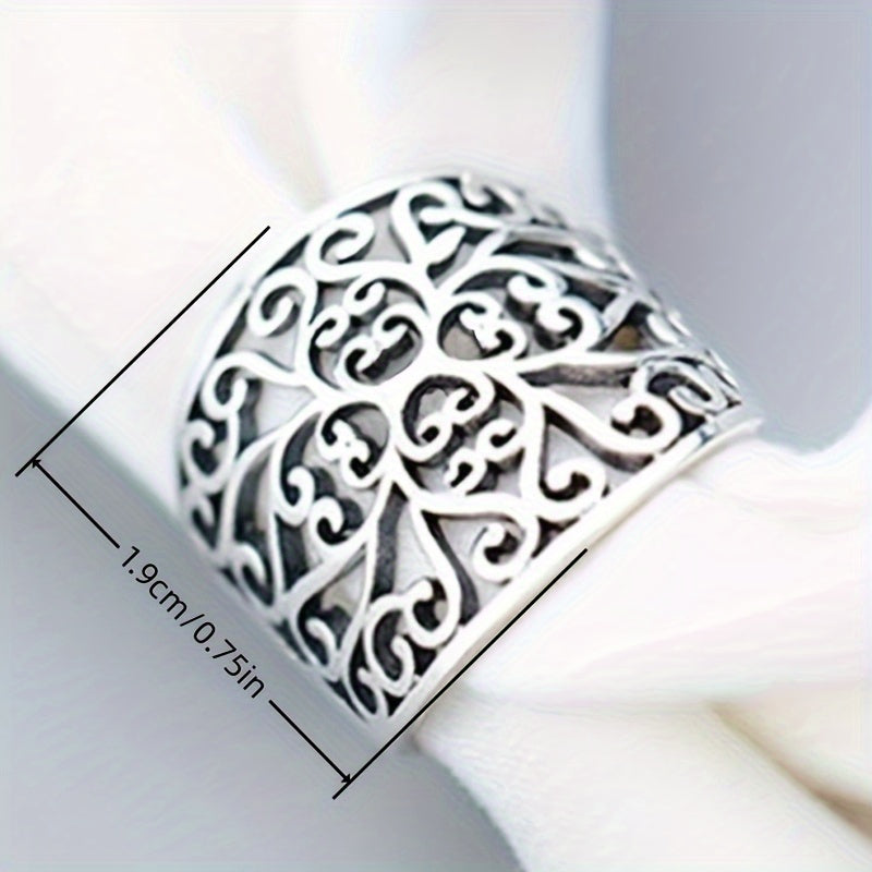 Bohemian Vintage Pattern 925 Silver Plated Hollow Wide Ring Ladies Wedding Ring Anniversary Gift