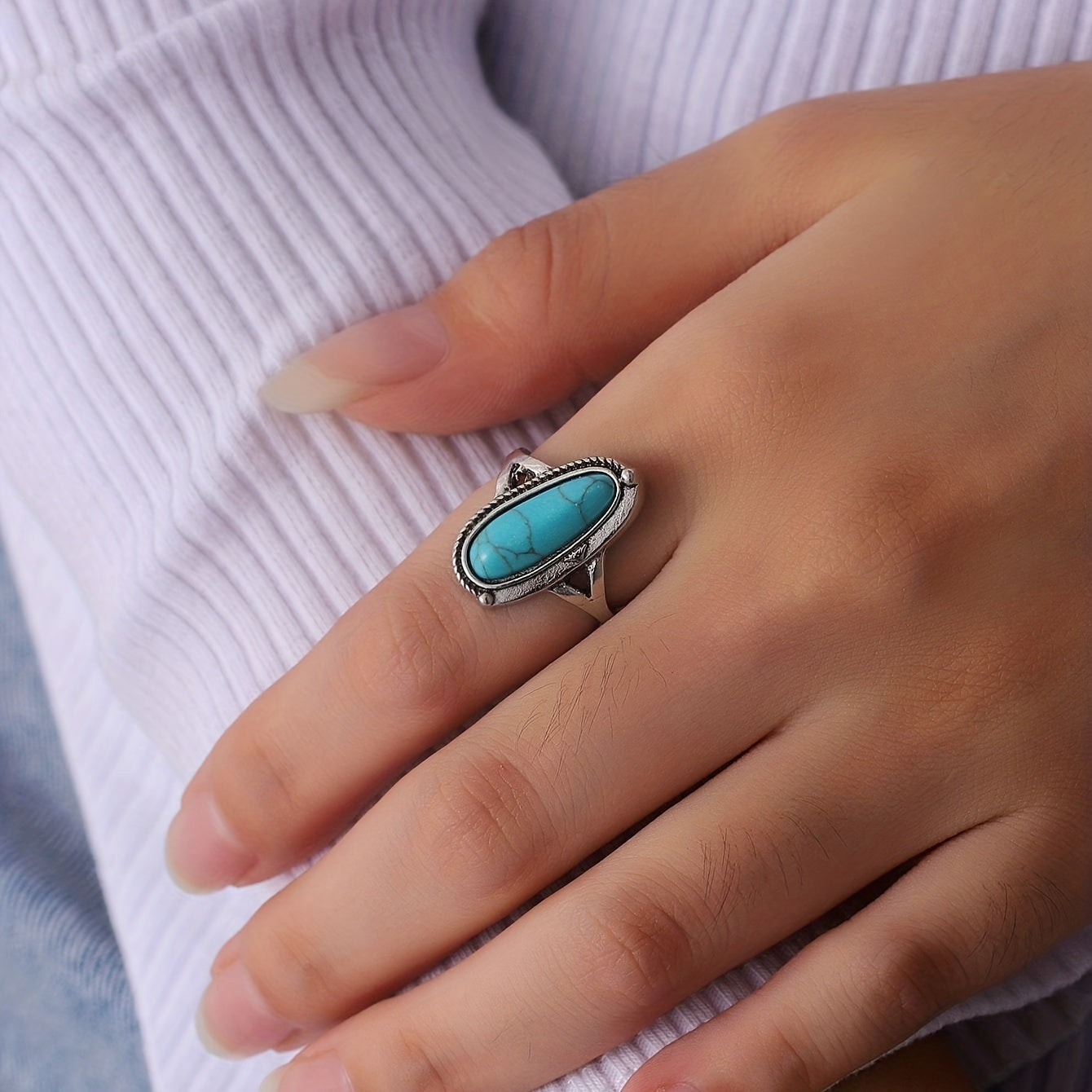 Classical water drop ring set with turquoise, silver-plated zinc alloy evening decoration gift, suitable for women