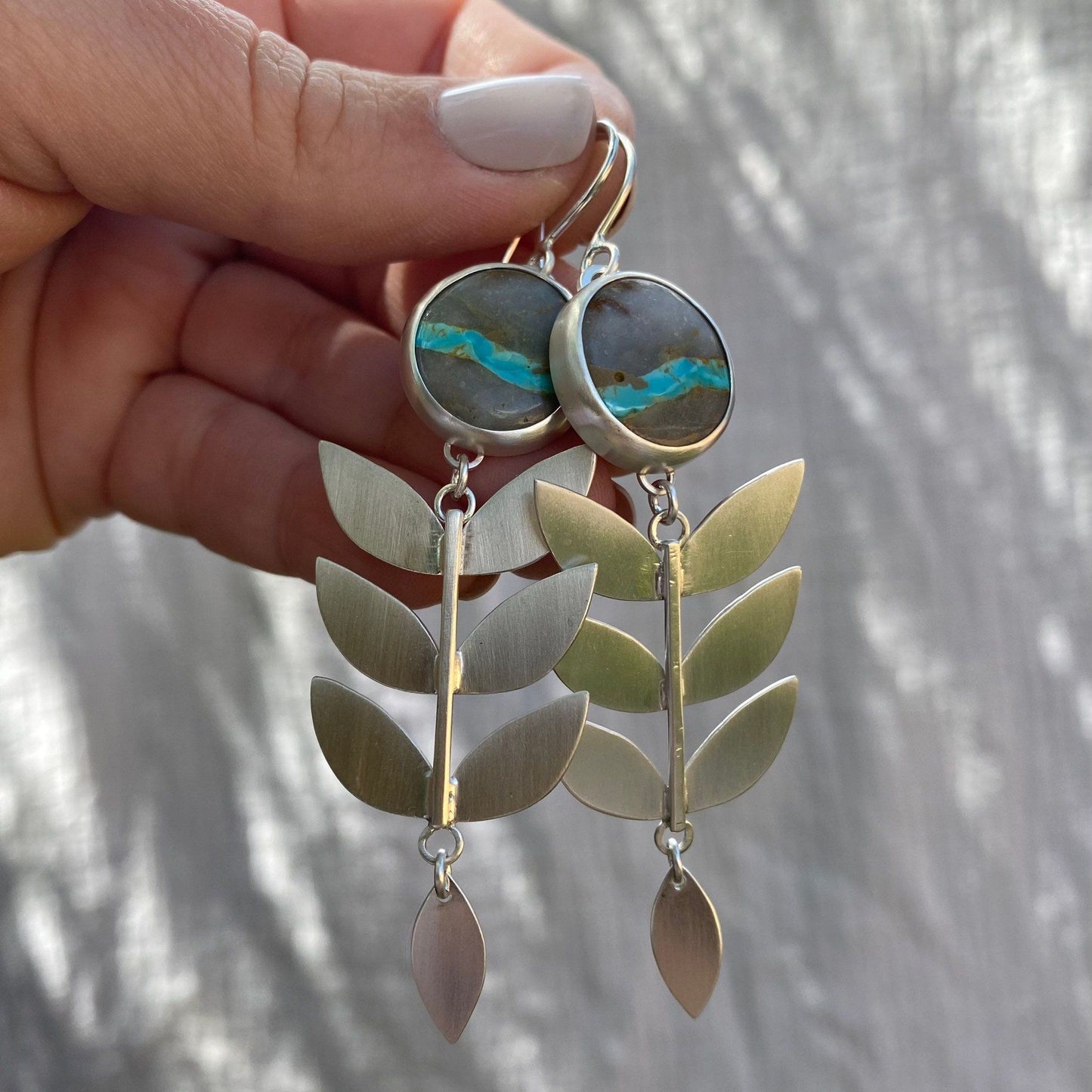 Retro ethnic style creative leaf fringed turquoise design pendant earrings zinc alloy silver plated women's jewelry