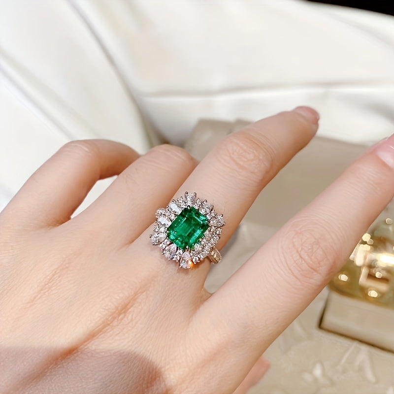 Elegant commitment ring, noble sunflower design, set with crystal stone, rectangular shape, suitable for engagement/wedding rings, luxury jewelry imitation.