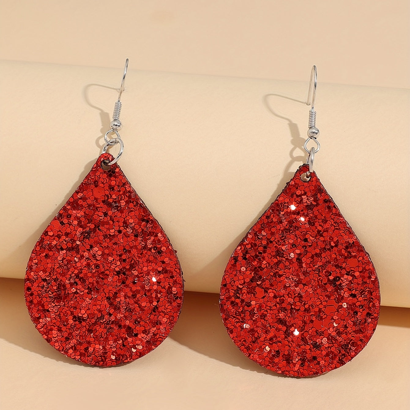 Christmas red water drop sequined PU leather earrings
