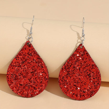 Christmas red water drop sequined PU leather earrings
