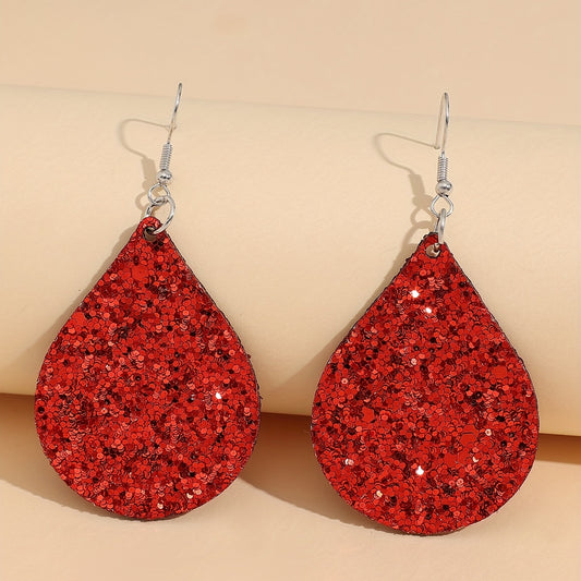 Christmas red water drop sequined PU leather earrings