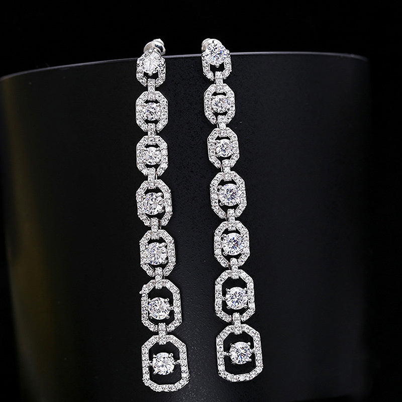 925 Silver Plated Long Zircon Ladies Pendant Earrings, Luxury Engagement Wedding Jewelry Gift