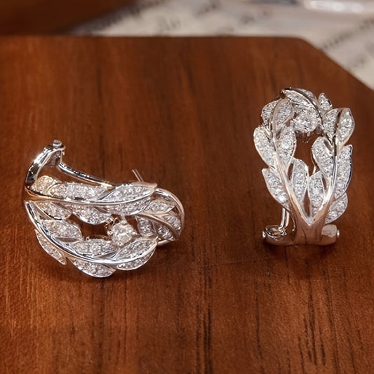 Exquisite sparkling silver leaf design earrings, copper jewelry, zircon inlaid, elegant luxury style, ladies' wedding banquet