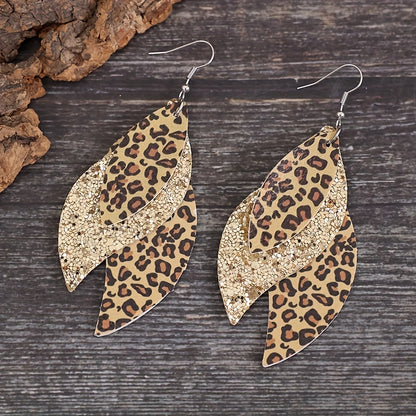Vintage Triple Leopard PU Leather Sequin Layer Earrings