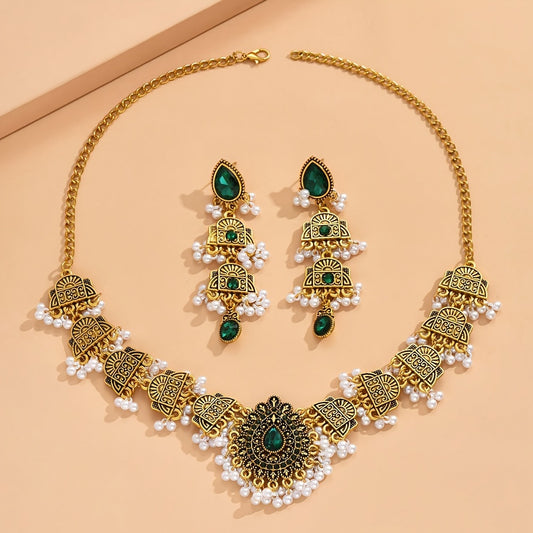 Bollywood style 1 pair of earrings + 1 necklace Vintage jewelry set Vintage design set with gemstones Engagement/wedding decoration Tribal jewelry