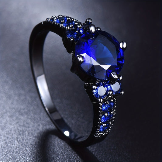 Dark style zircon inlaid promise ring, dark blue zircon symbolizes mystery and charm, suitable for women's engagement wedding jewelry, exquisite dinner party decoration