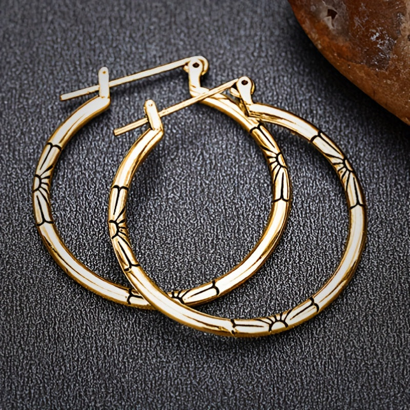 Large Hollow Round Hoop Earrings with Delicate Carved Flower Design Vintage Ethical Style Copper Jewelry Women's Earrings