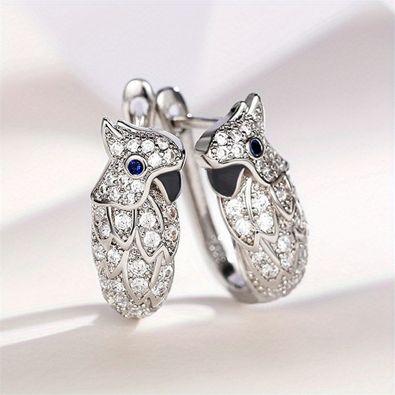 Exquisite silver parrot design, sparkling zircon decorative ring earrings, cute minimalist style, silver plated jewelry, daily leisure